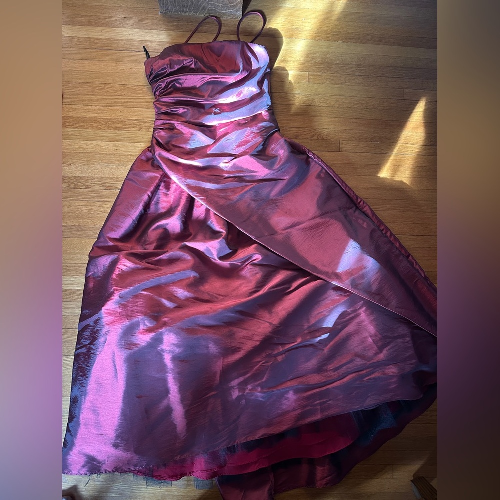 Strapless Iridescent Burgundy Prom Dress with Ruched Bodice